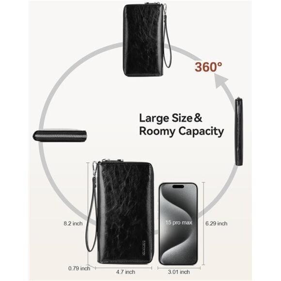 Leather Wallets for Women RFID Blocking Credit Cards Holder Phone Clutch Black - Picture 4 of 7